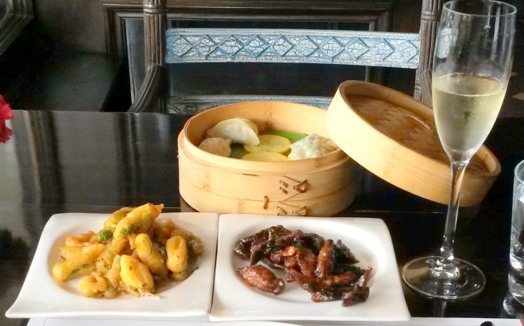 Tempura , Dimsums and stir fried veggies with champagne